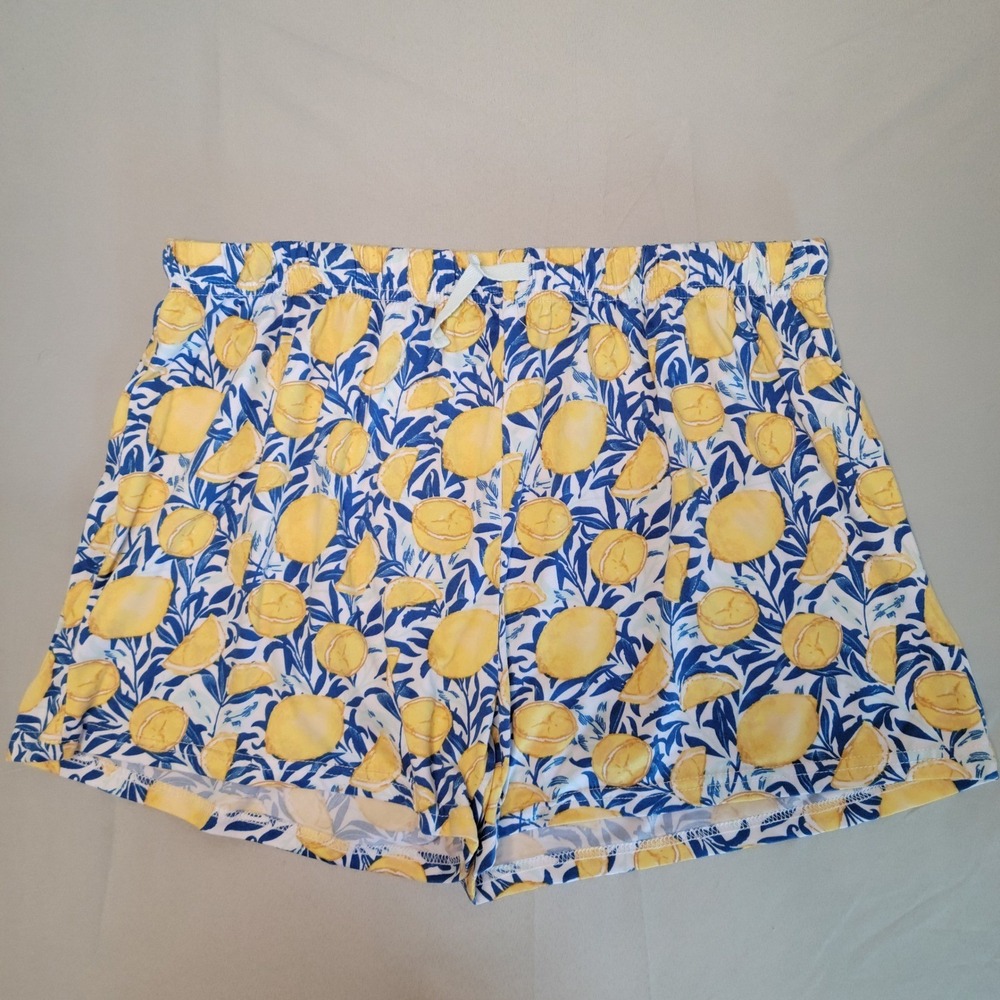 The Royal Standard Pajama Shorts Womens Large Yellow Blue Lemon Print Lounge New